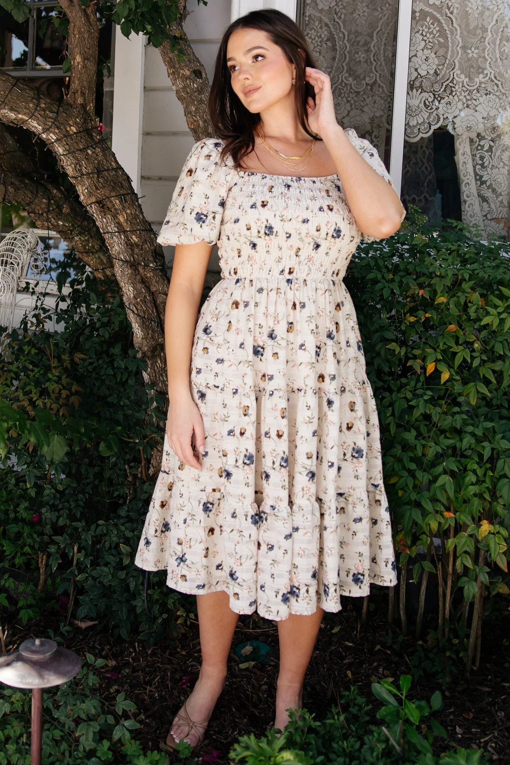 Mattea Smocked Midi Dress | Beige Floral
