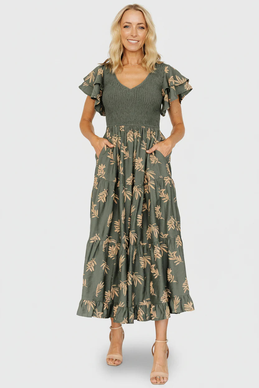 Estelle Smocked Midi Dress | Green + Tan Print