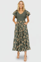 Estelle Smocked Midi Dress | Green + Tan Print
