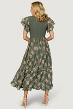Estelle Smocked Midi Dress | Green + Tan Print