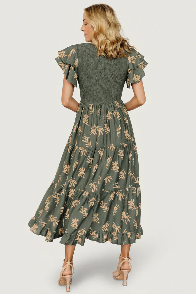 Estelle Smocked Midi Dress | Green + Tan Print