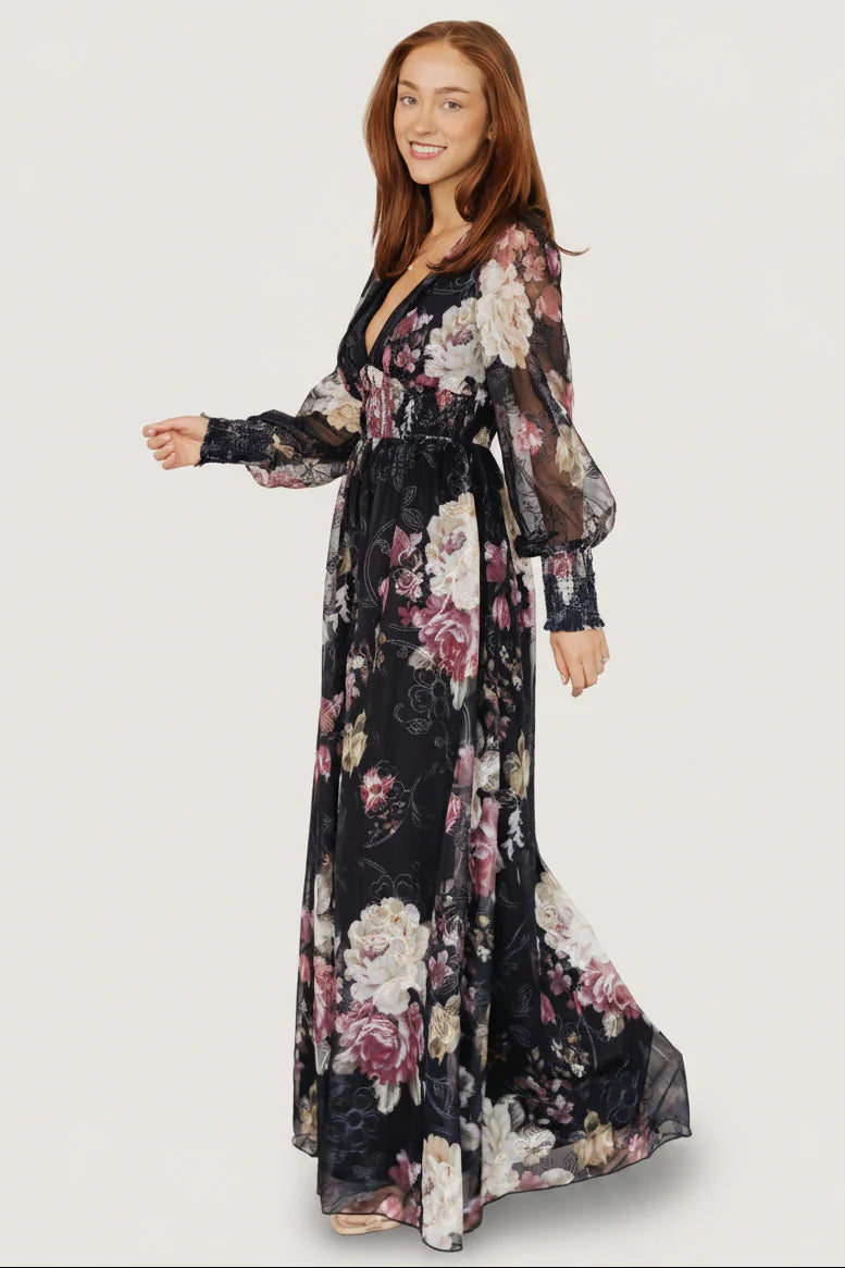Jolie Embroidered Tulle Dress | Midnight + Mauve Floral