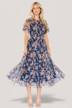 Mara Embroidered Tulle Dress | Dark Blue Multi Floral