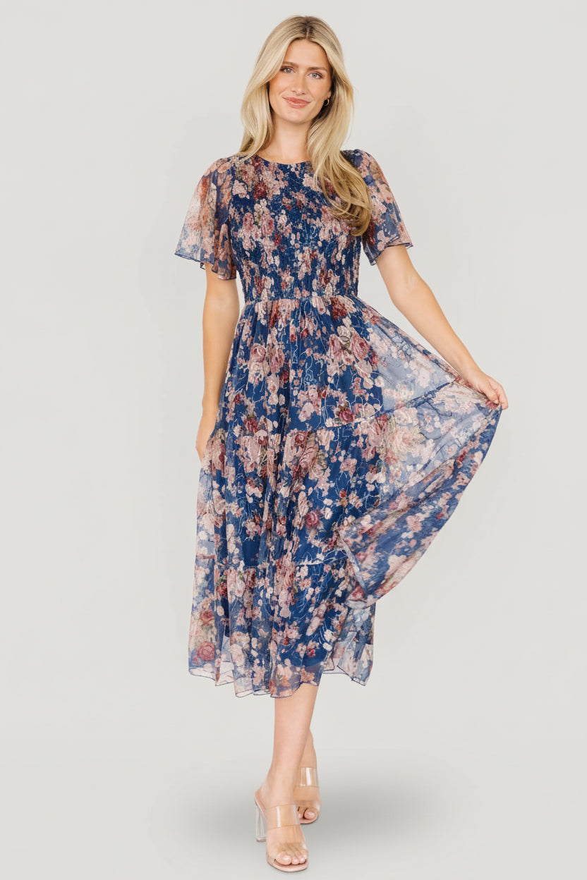 Mara Embroidered Tulle Dress | Dark Blue Multi Floral