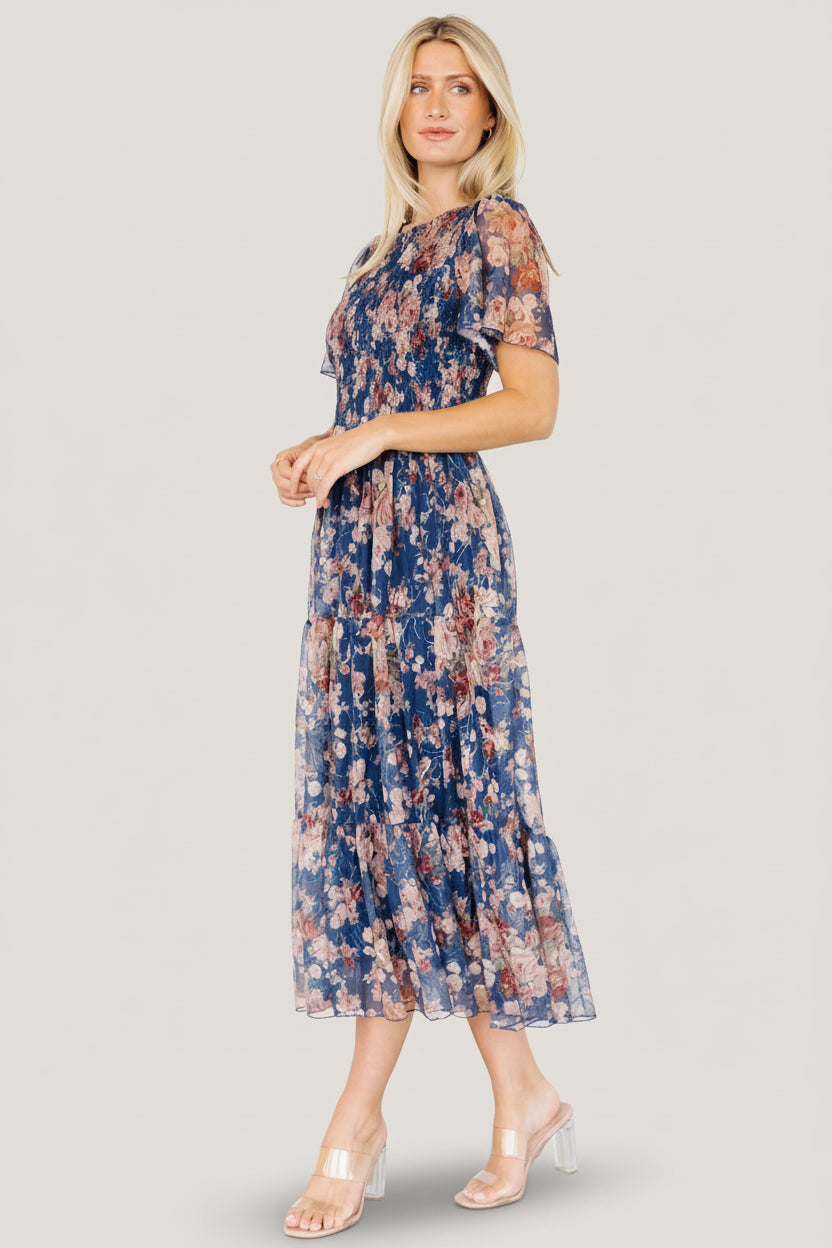 Mara Embroidered Tulle Dress | Dark Blue Multi Floral