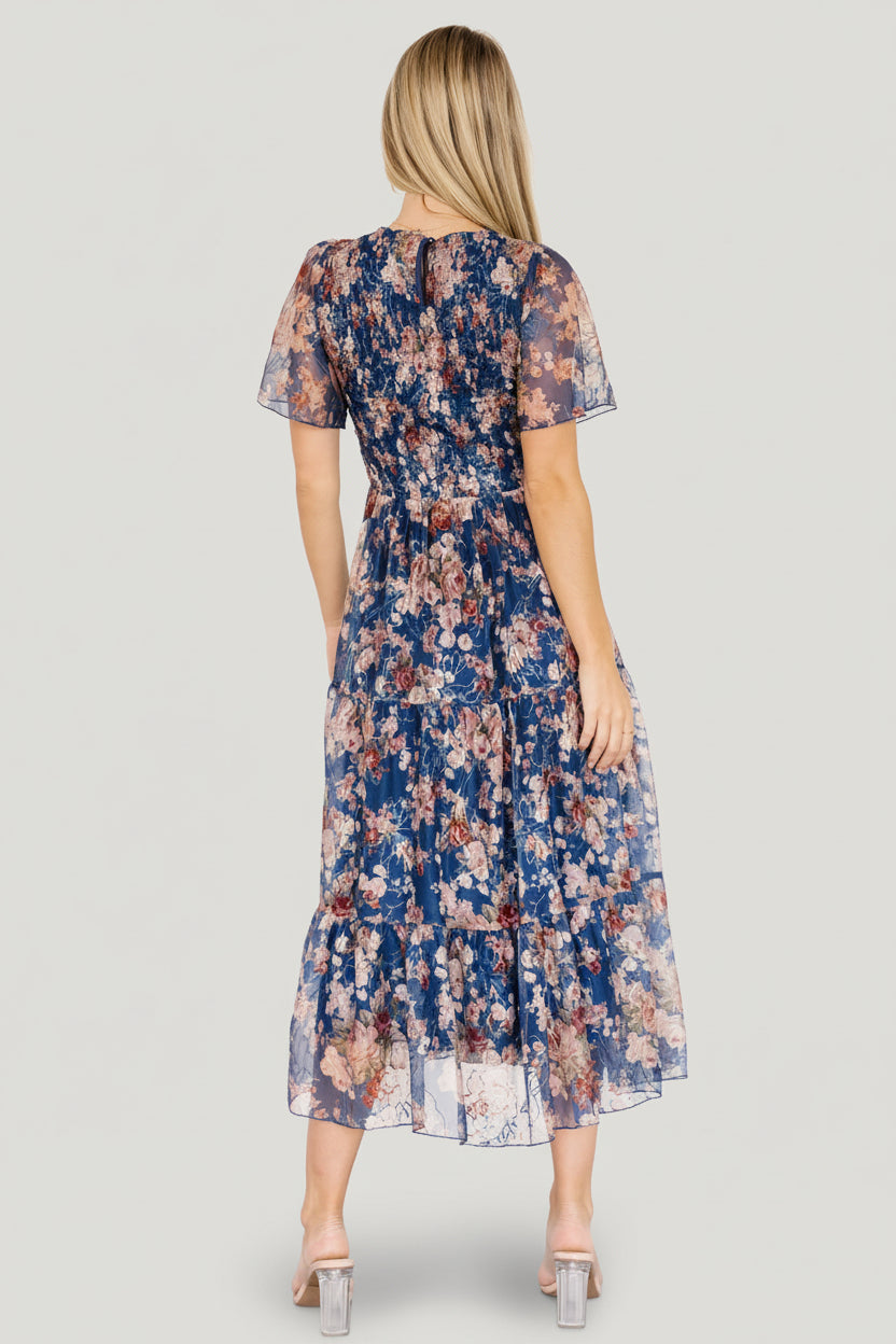 Mara Embroidered Tulle Dress | Dark Blue Multi Floral