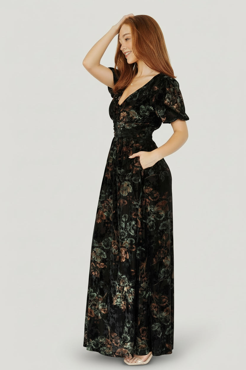 Leslie Velvet Maxi Dress | Black + Deep Jade Floral