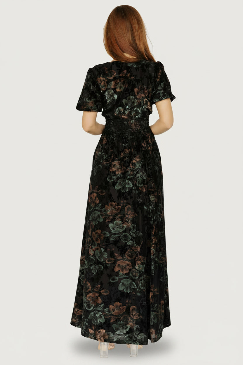 Leslie Velvet Maxi Dress | Black + Deep Jade Floral