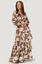 Montrouge Tiered Satin Dress | Mocha Floral