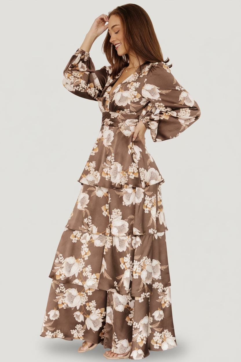 Montrouge Tiered Satin Dress | Mocha Floral