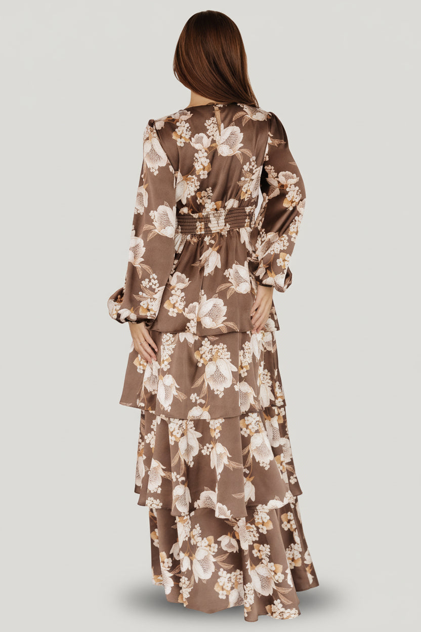 Montrouge Tiered Satin Dress | Mocha Floral