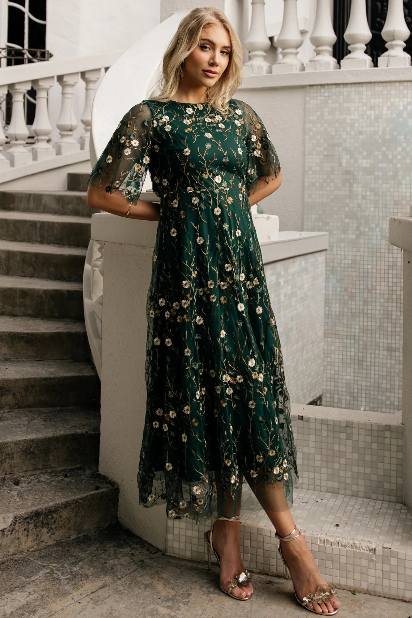 Arabella Embroidered Tulle Maxi Dress | Dark Green Floral