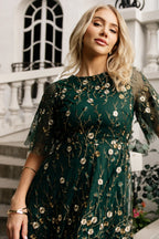 Arabella Embroidered Tulle Maxi Dress | Dark Green Floral