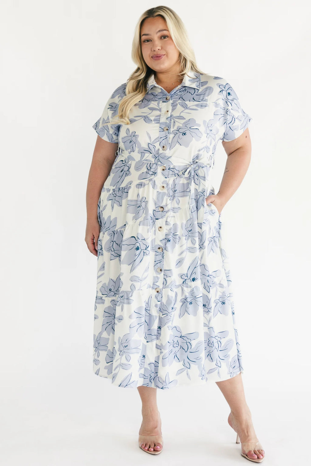 Claire Button Up Midi Dress | Ivory + Blue Floral