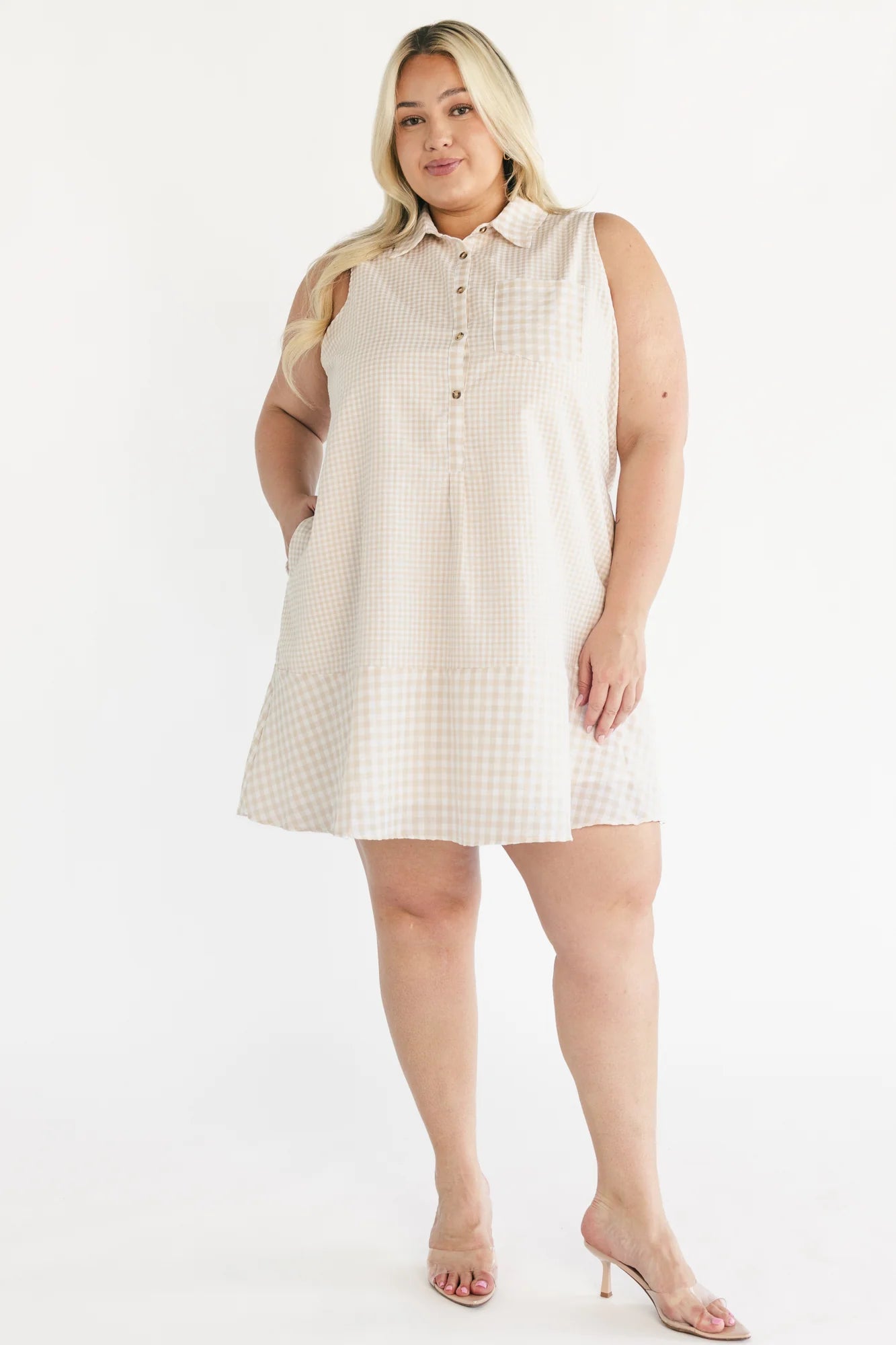 Dolly Short Dress | Beige Gingham Print