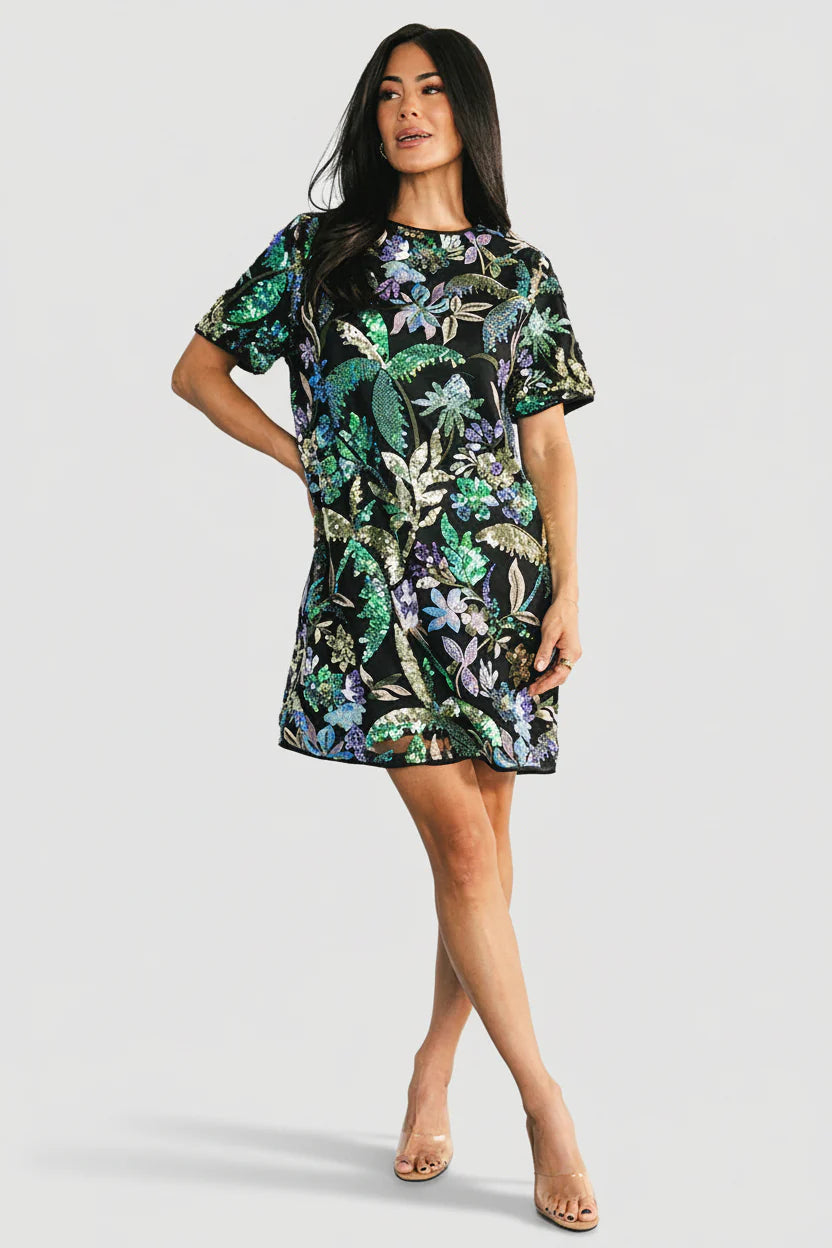 Patricia Sequin Short Dress | Black + Blue Multi