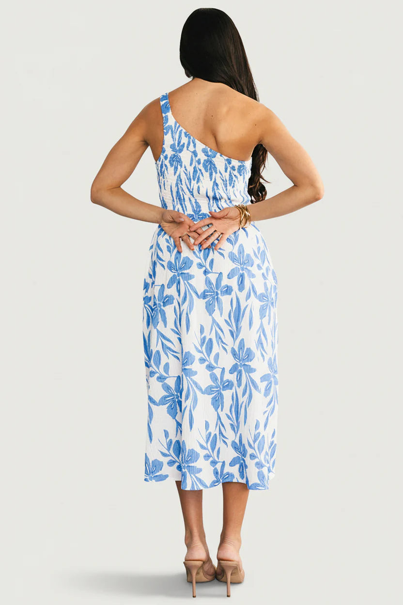 Brisa One Shoulder Midi Dress | White + Blue