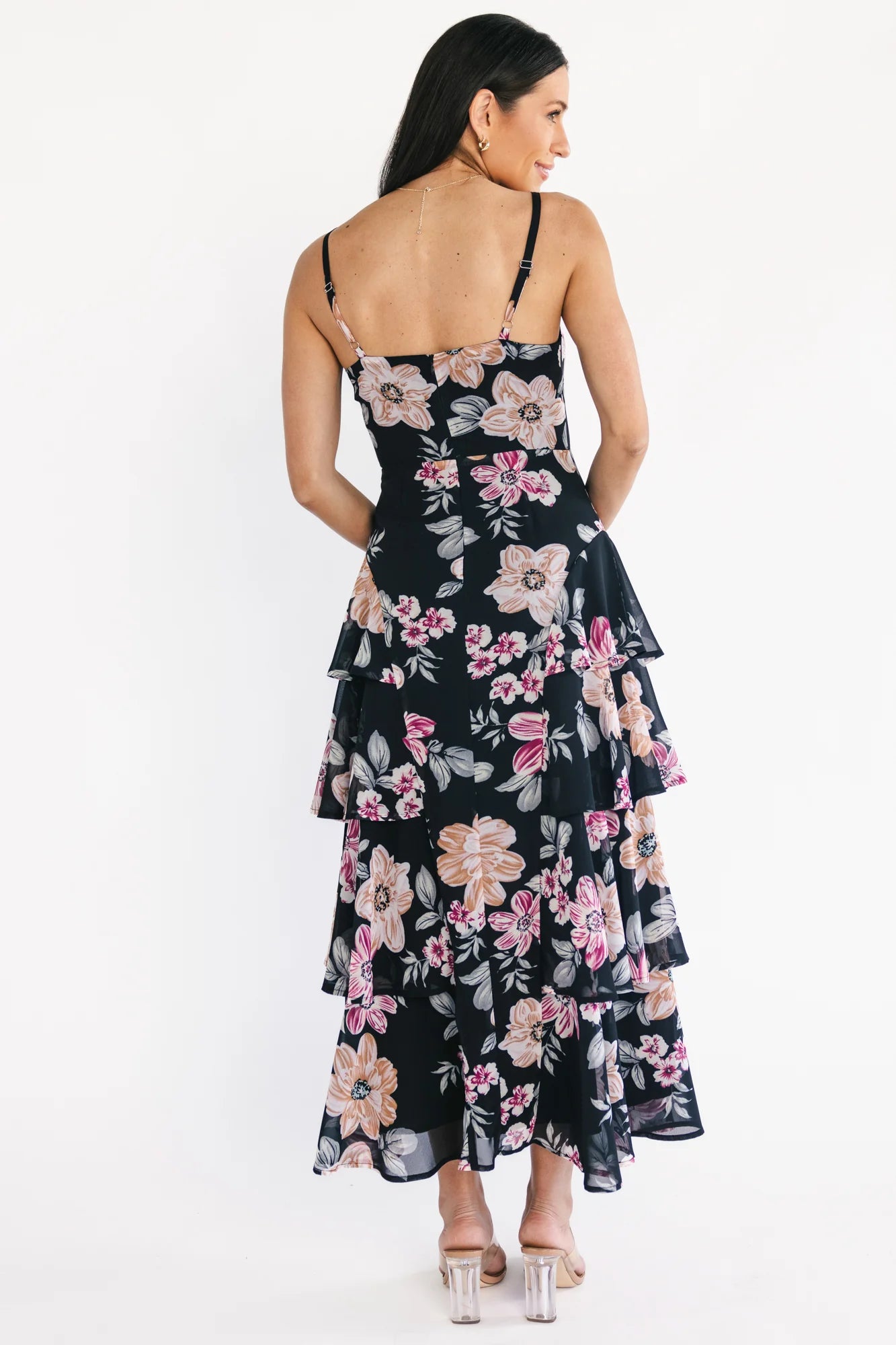 Hallie Tiered Maxi Dress | Black Multi Floral