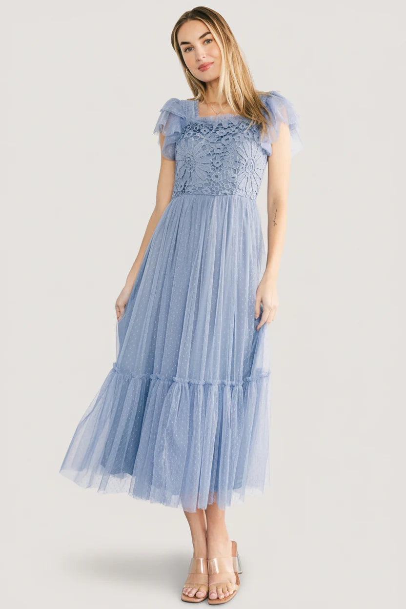 Elowyn Lace Top Midi Dress | Blue