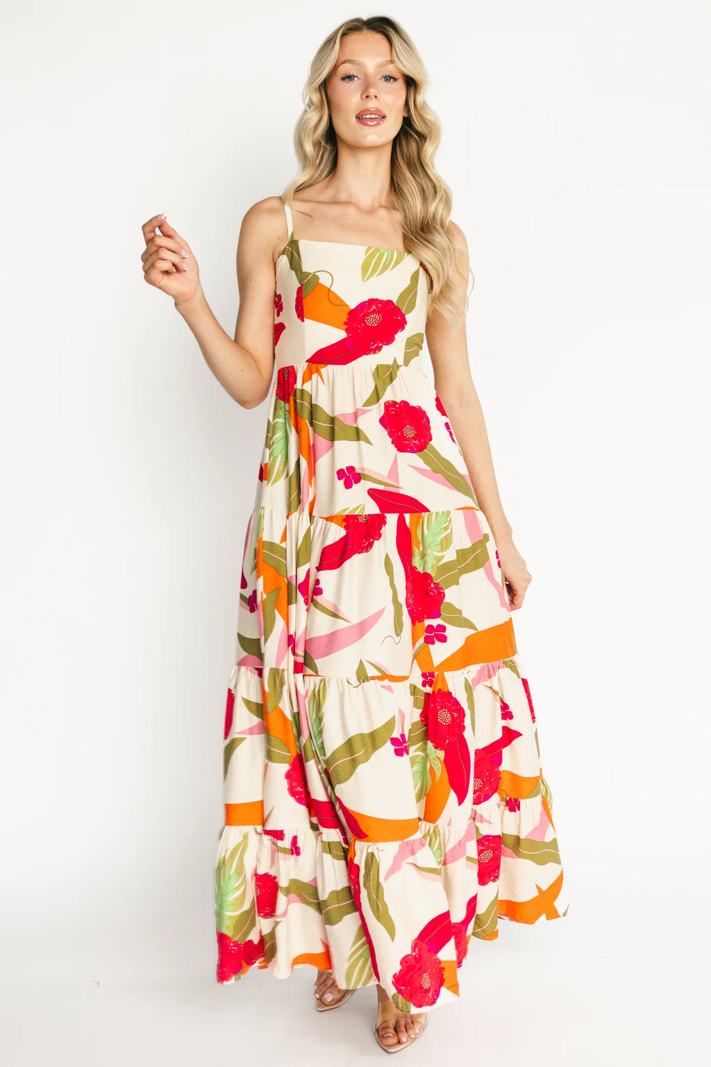 Silvia Tiered Maxi Dress | Natural + Pink Multi
