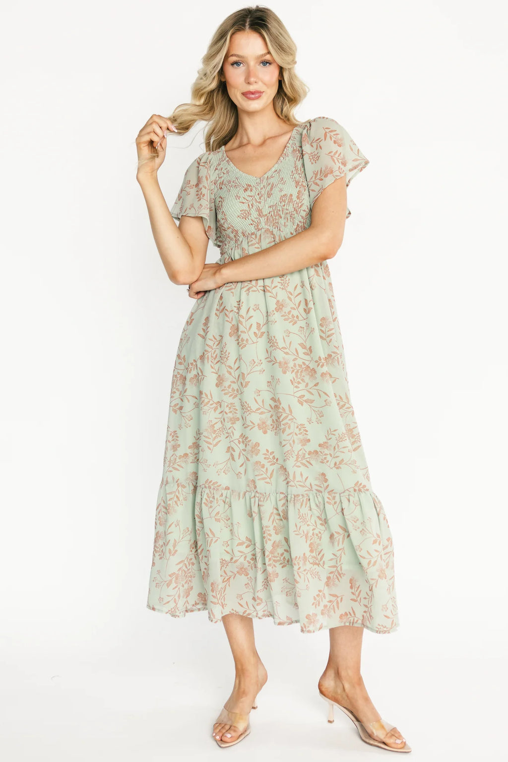Monica Smocked Dress | Dusty Sage + Terracotta