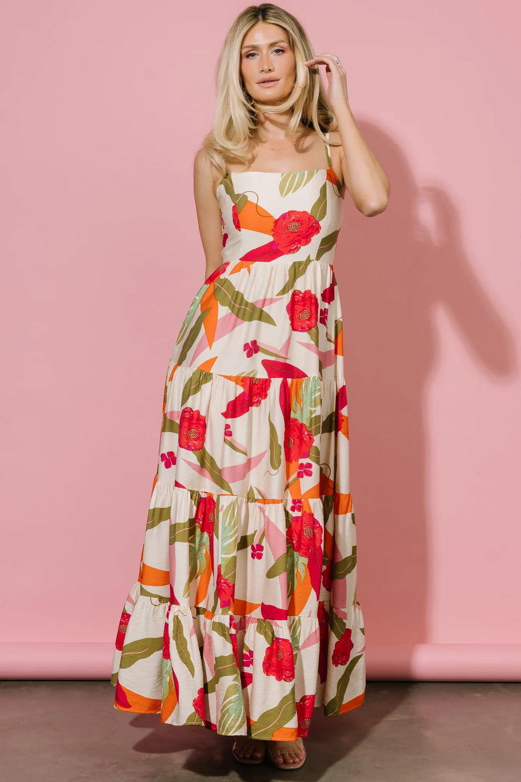 Silvia Tiered Maxi Dress | Natural + Pink Multi