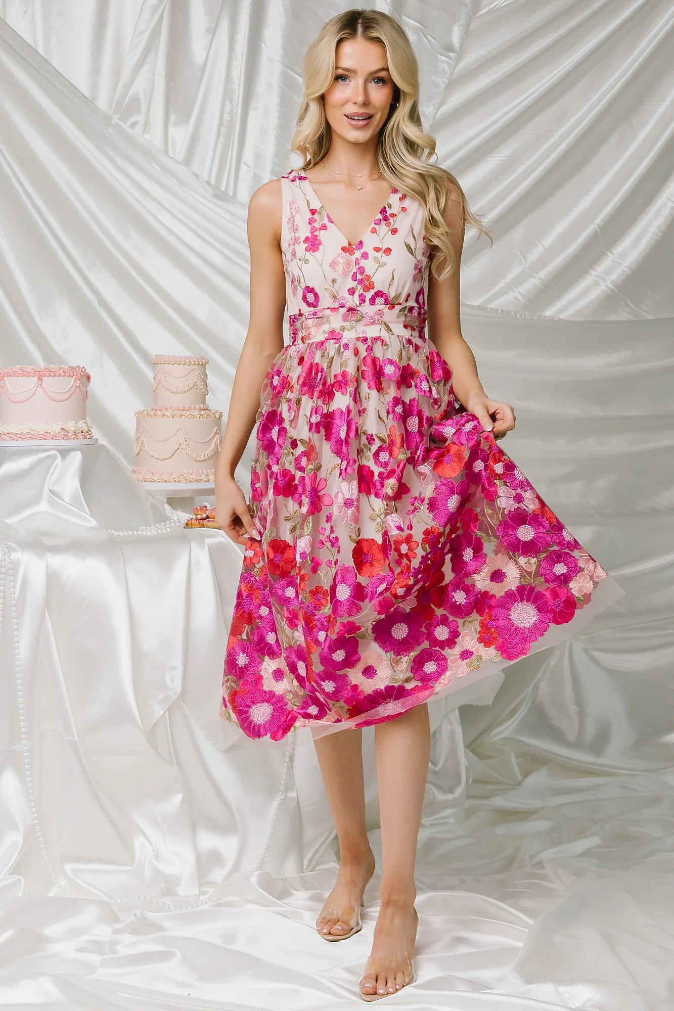 Lila Embroidered Midi Dress | Pink Floral