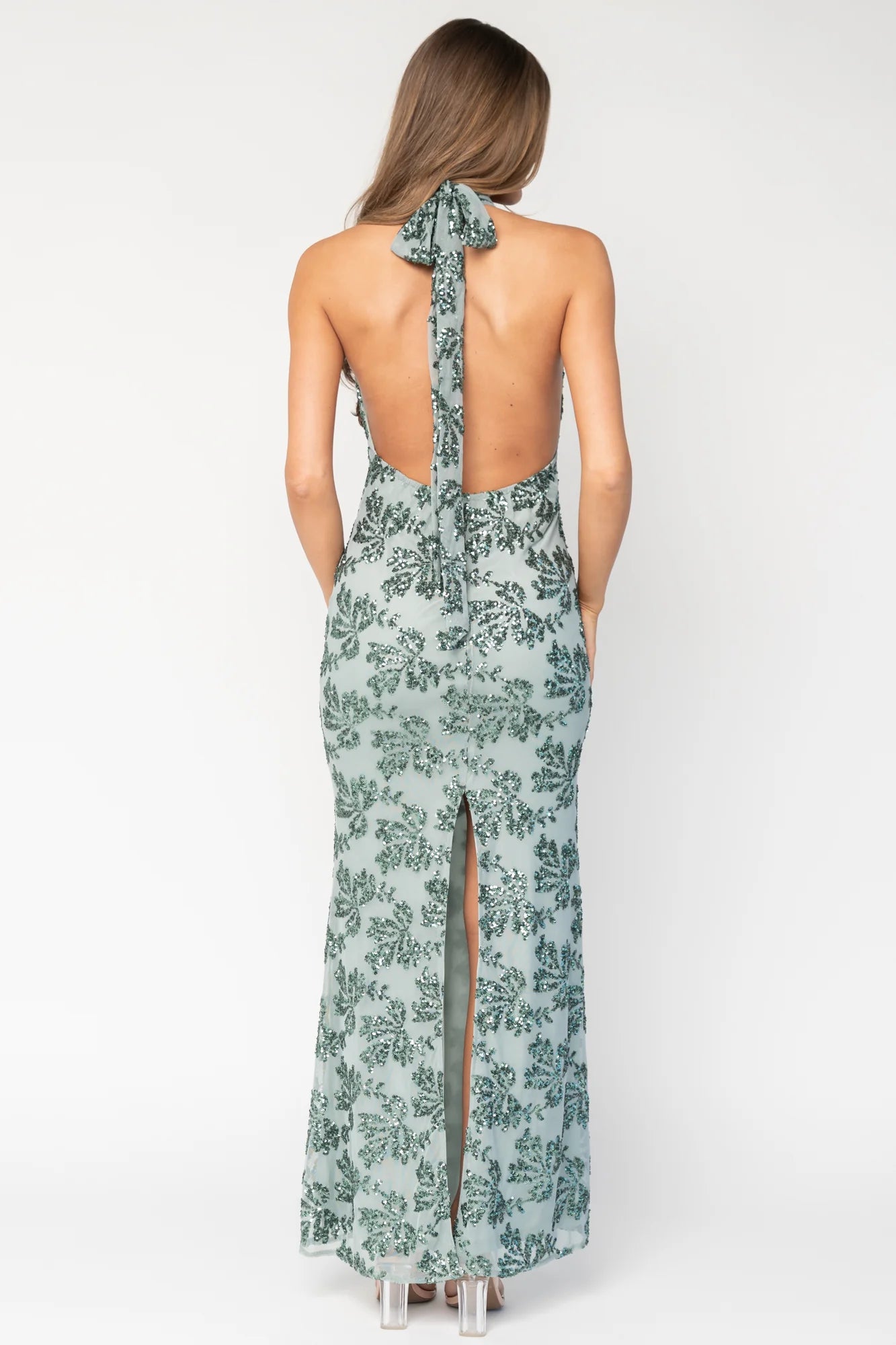Gabriella Sequin Halter Gown | Eucalyptus