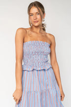 Madelyn Strapless Short Dress | Light Blue Stripe