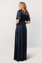Vara Satin Maxi Wrap Dress | Navy
