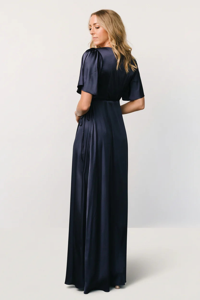 Vara Satin Maxi Wrap Dress | Navy