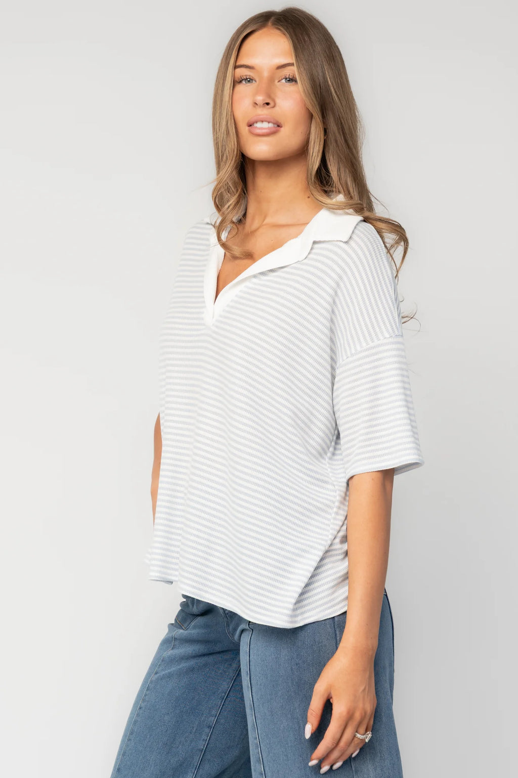 Billie Open Collar Top | Light Blue + White