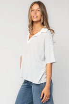 Billie Open Collar Top | Light Blue + White