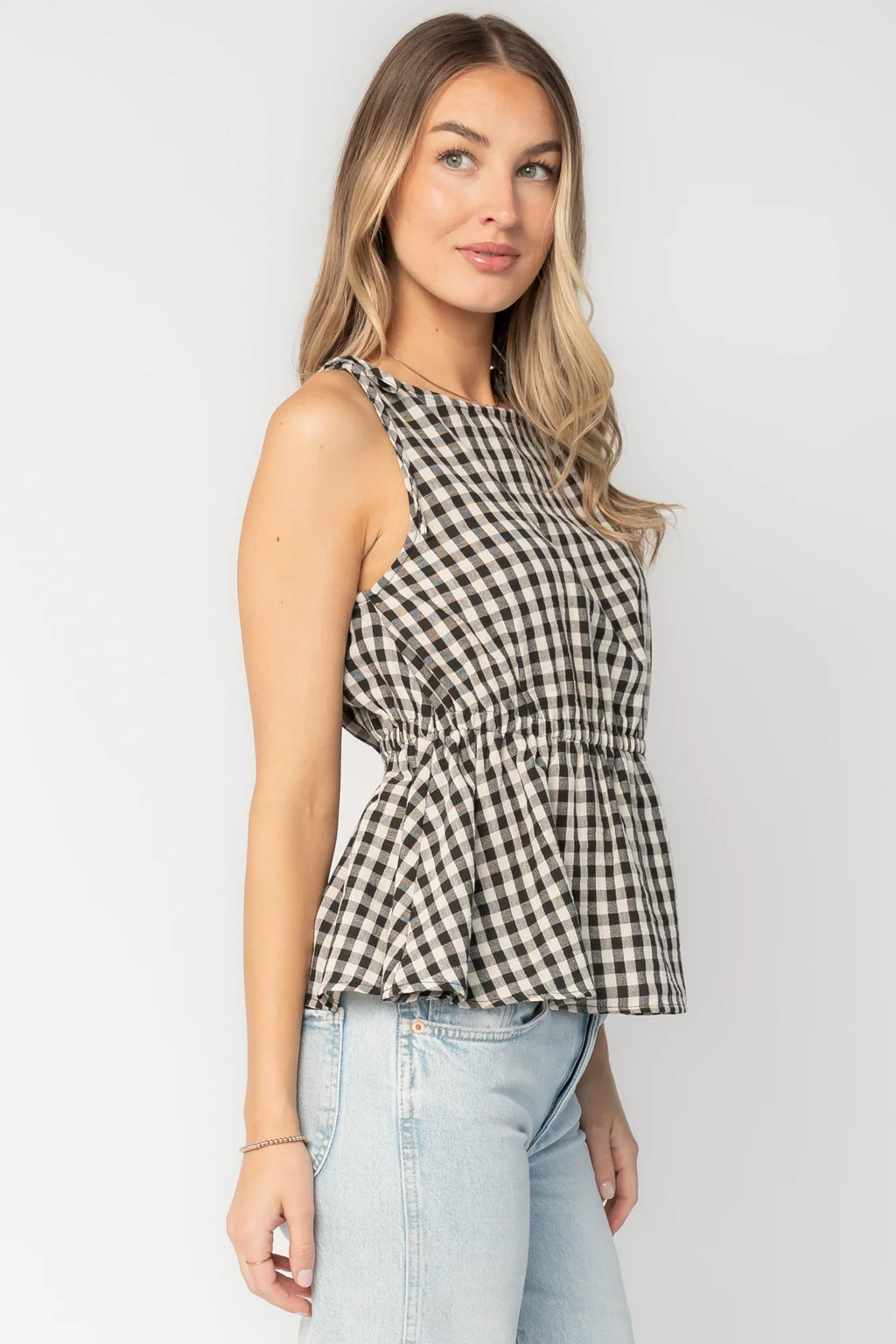 Lane Gingham Peplum Top | Black + Off White