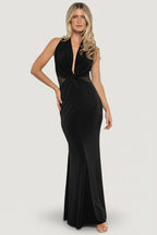 Roma Deep V Halter Gown | Black