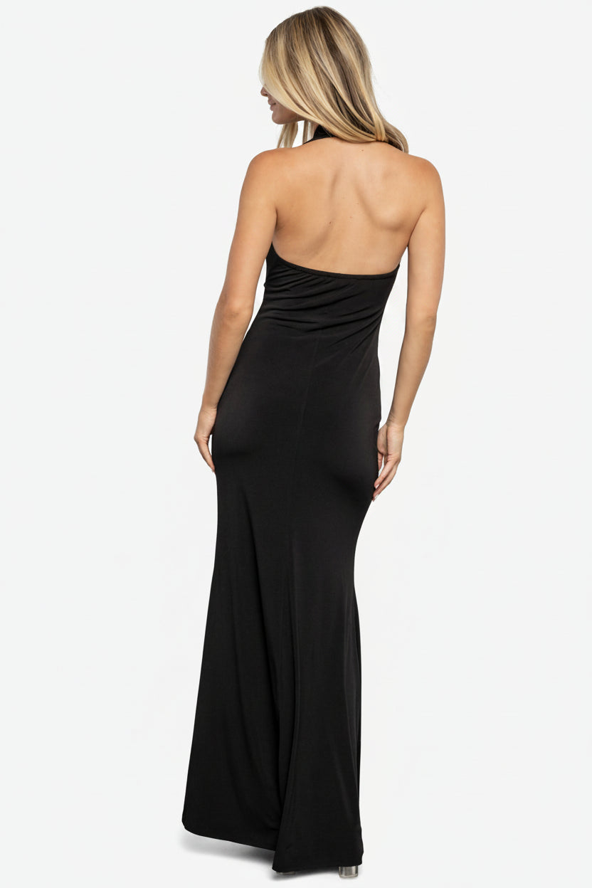 Roma Deep V Halter Gown | Black