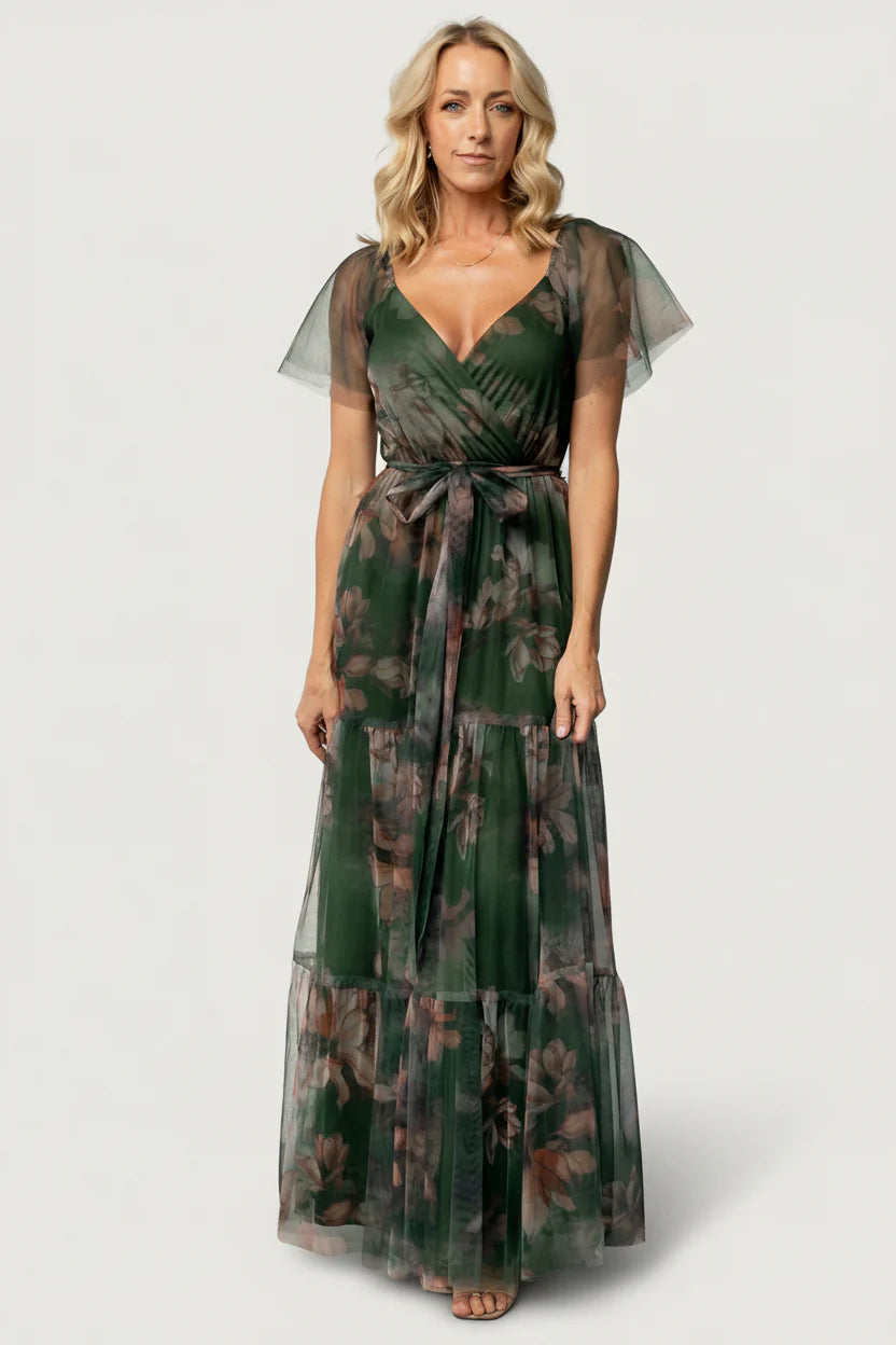 Nicola Tulle Maxi Dress | Deep Green Floral