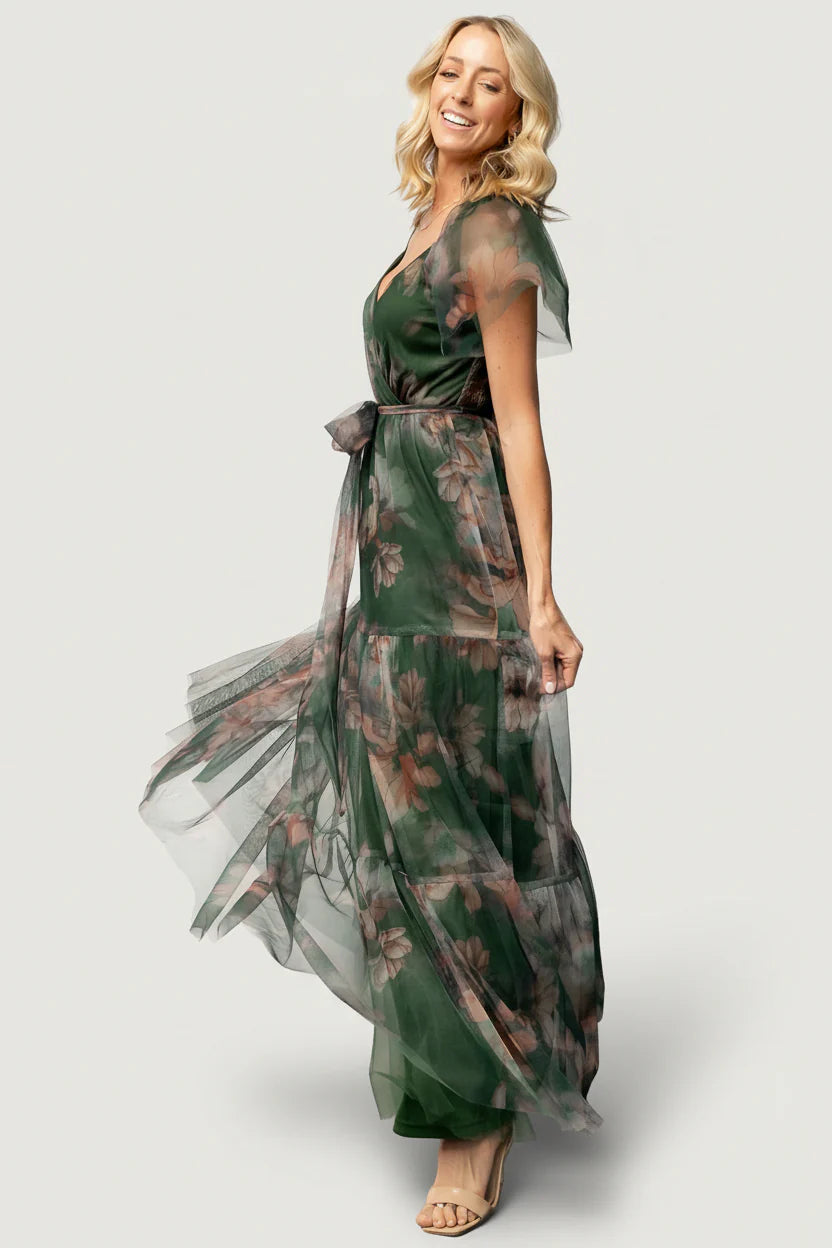 Nicola Tulle Maxi Dress | Deep Green Floral