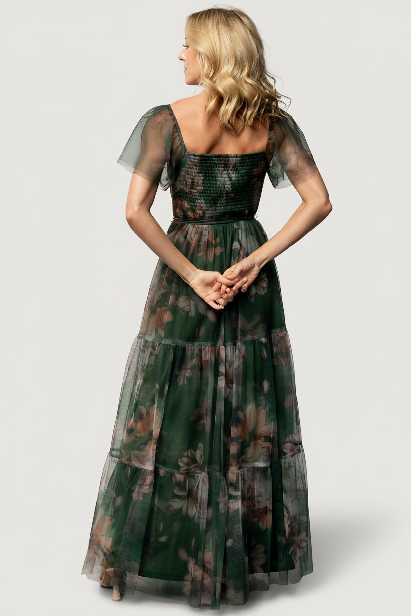 Nicola Tulle Maxi Dress | Deep Green Floral