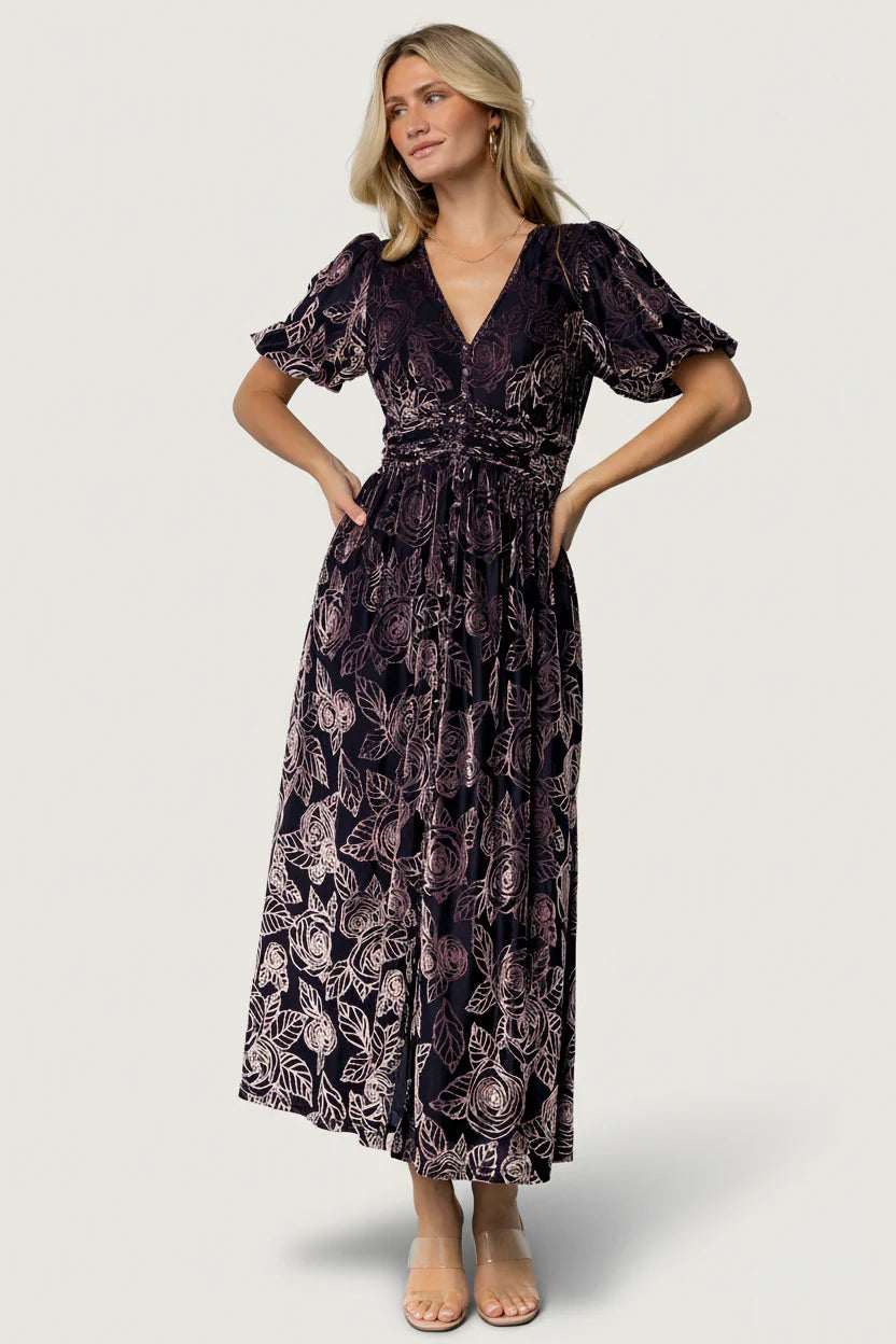 Dahlia Velvet Dress | Indigo + Purple Floral