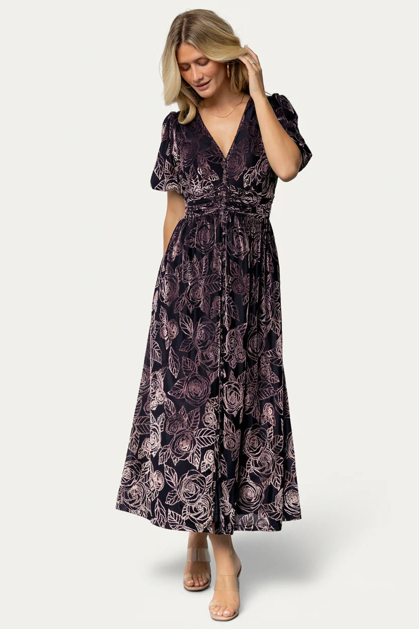 Dahlia Velvet Dress | Indigo + Purple Floral