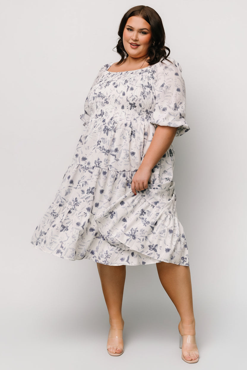 Marta Smocked Midi Dress | White + Blue