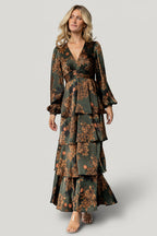 Montrouge Tiered Satin Dress | Olive Floral