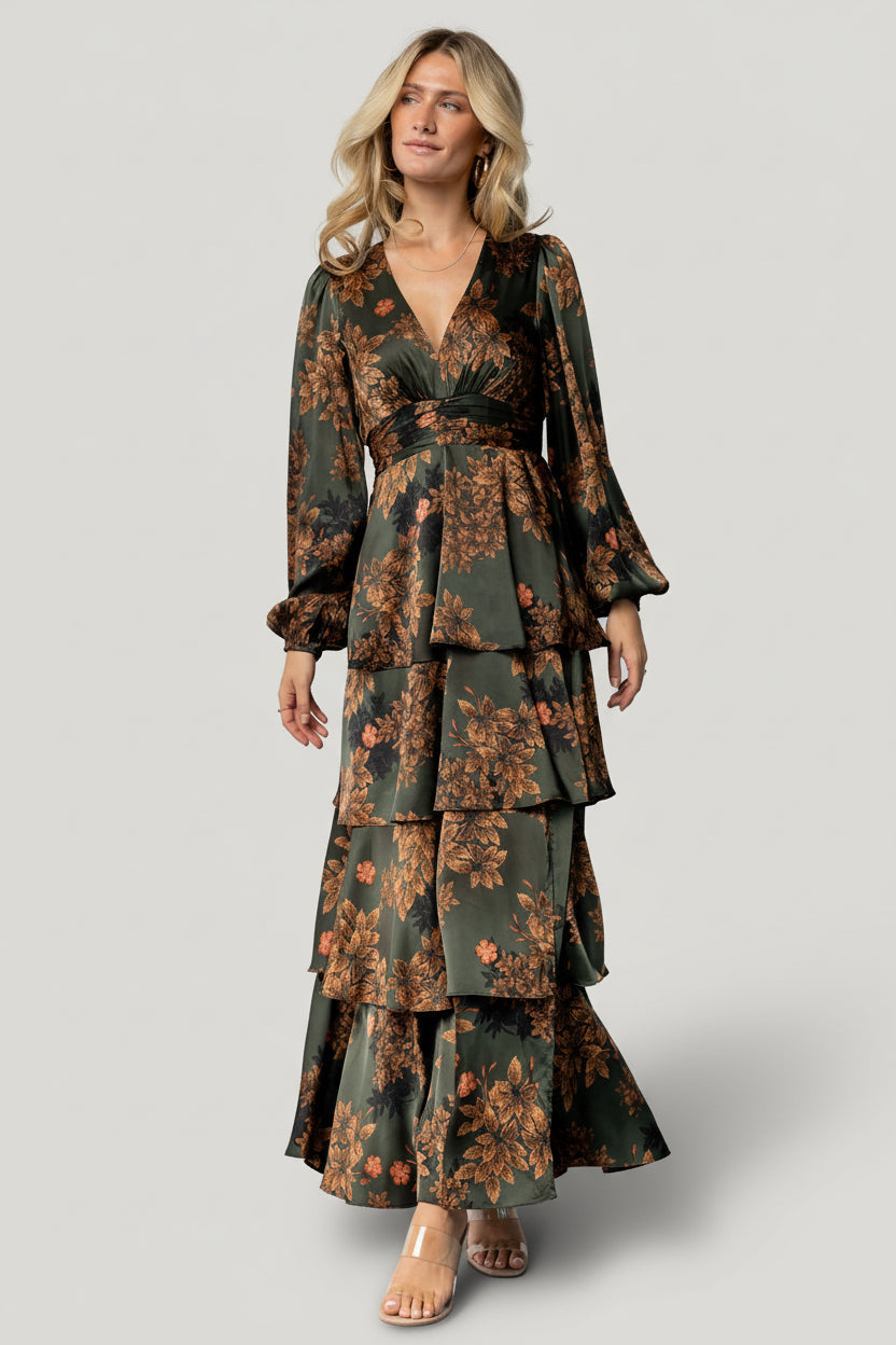 Montrouge Tiered Satin Dress | Olive Floral