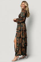 Montrouge Tiered Satin Dress | Olive Floral