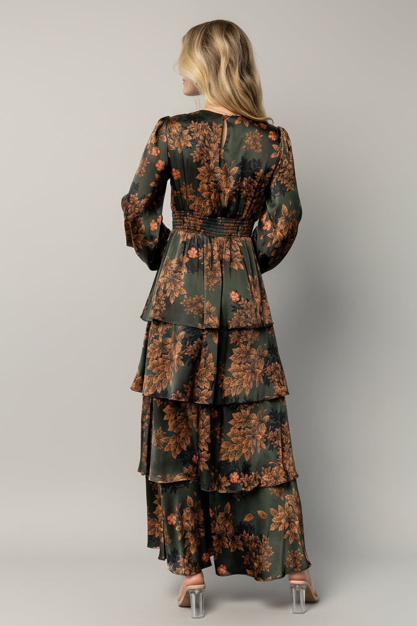 Montrouge Tiered Satin Dress | Olive Floral