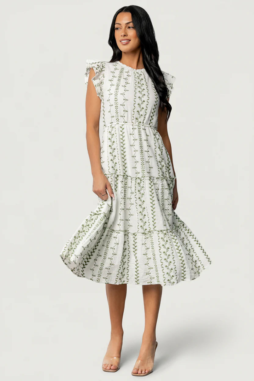 Frida Embroidered Midi Dress | White + Green Print