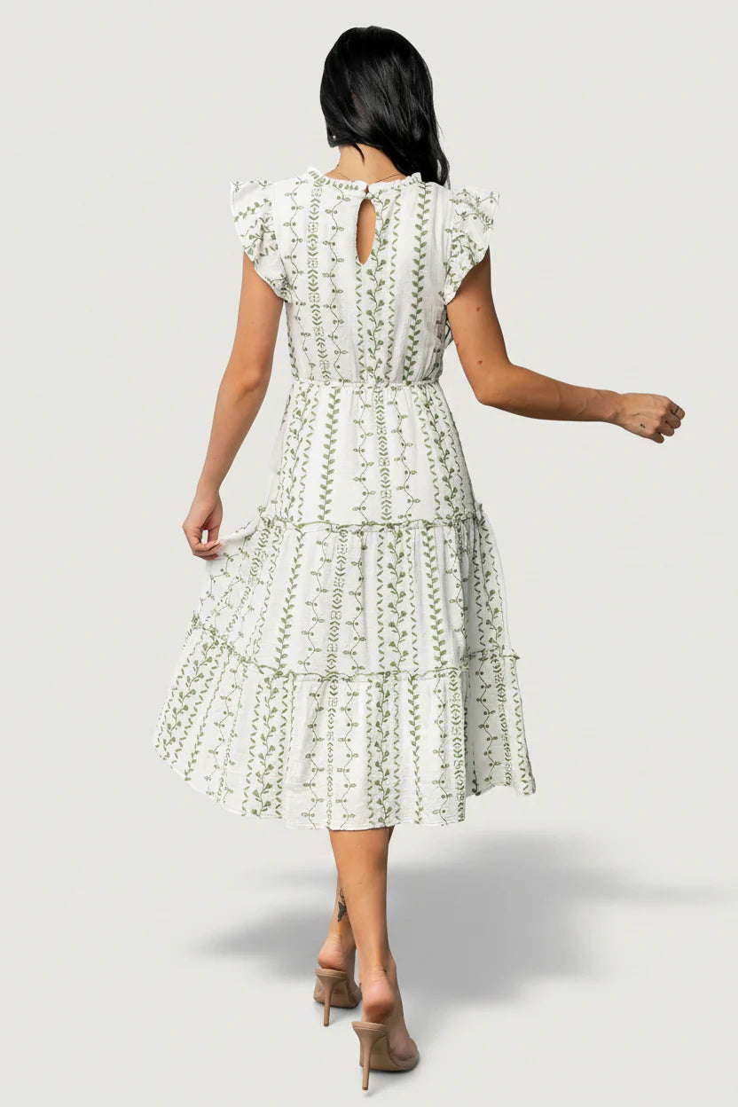Frida Embroidered Midi Dress | White + Green Print
