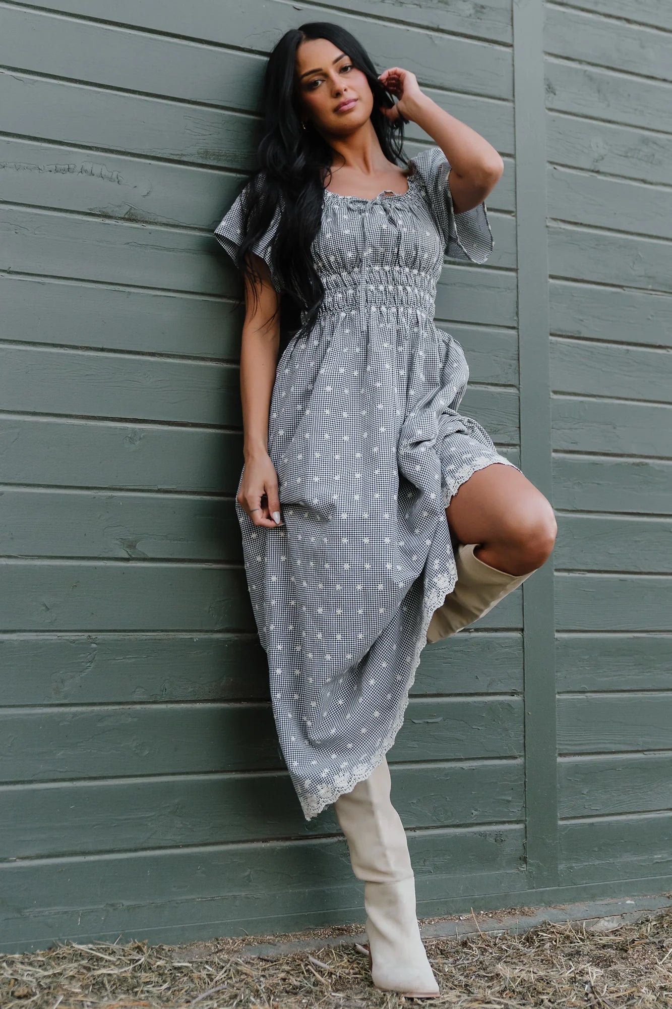 Reyna Midi Dress | Black + White Gingham
