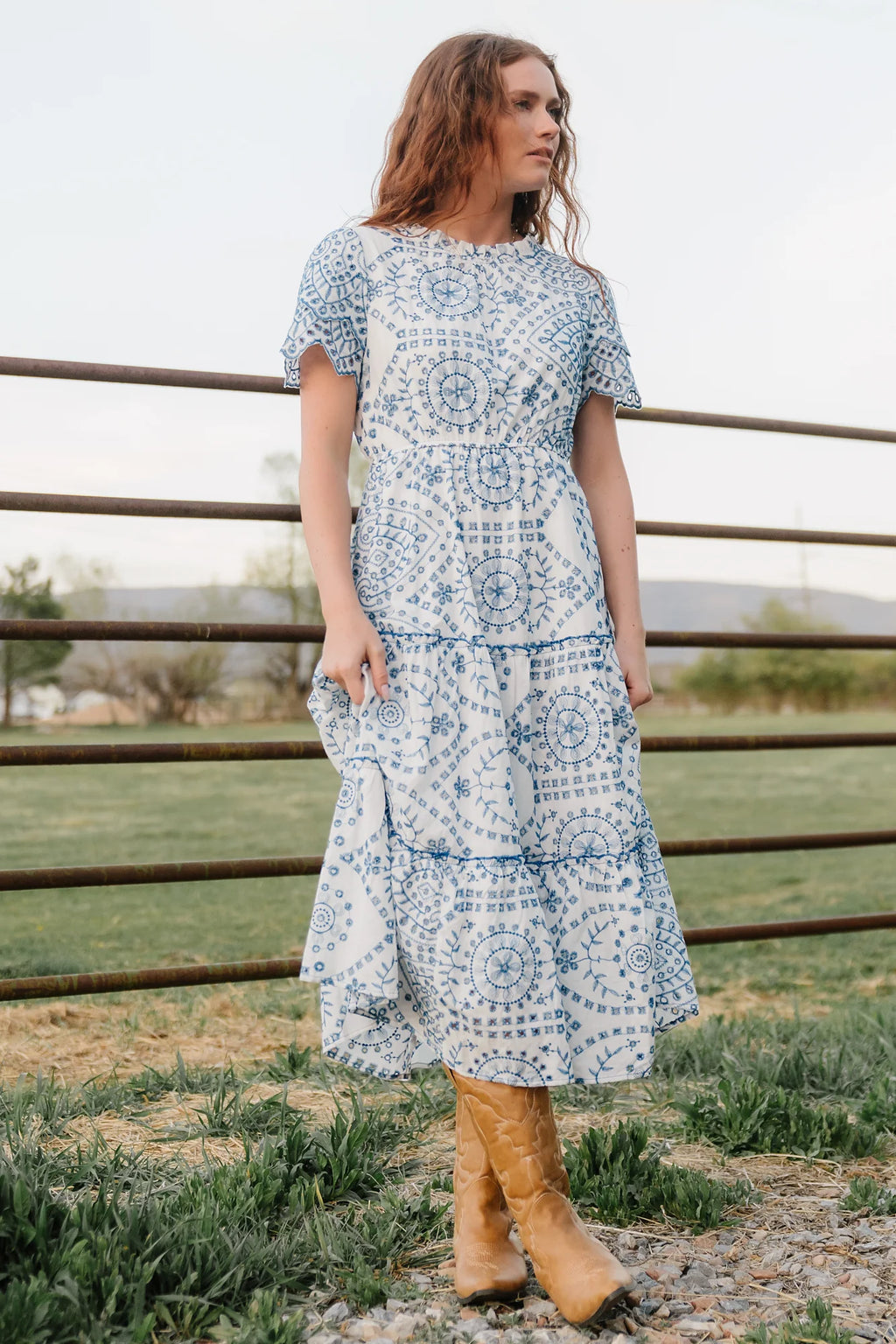 Mirabel Eyelet Midi Dress | White + Blue